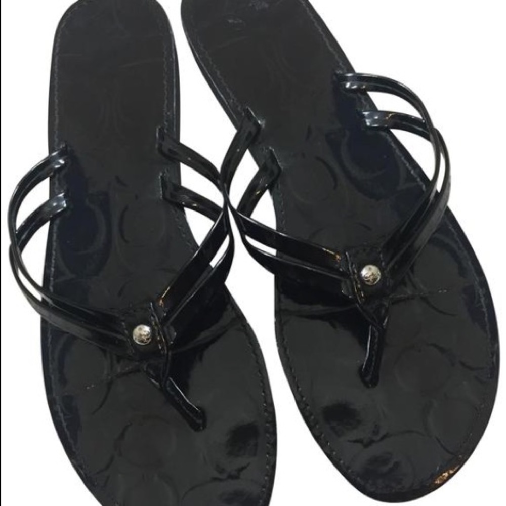 Coach Black Juney Patent Flip Flops Sandals